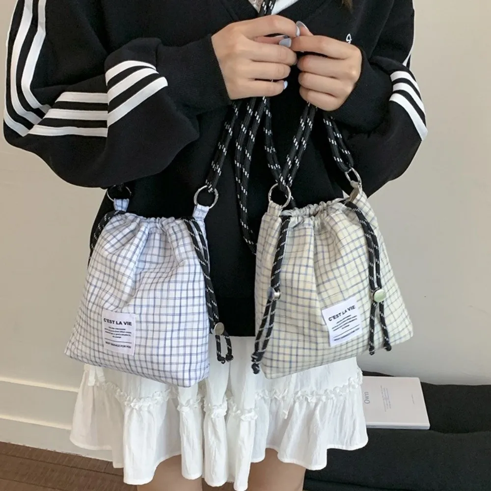 

Small Korean Drawstring Bucket Bag Light Weight Casual Nylon Crossbody Bag Leisure Plaid Women's Handbags Travel