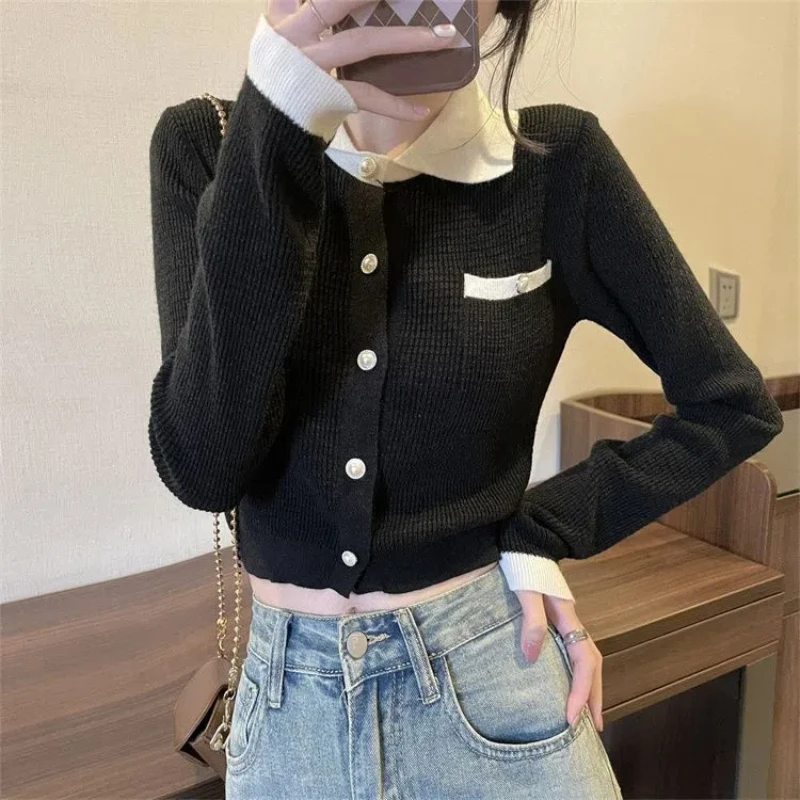 

Small Niche Black Knitted Sweater Jacket Design Lazy Style New Long Sleeved Sweater Short Cardigan Outerwear