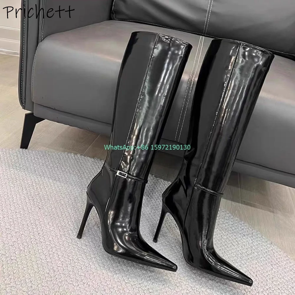 Patent Leather Knee High Boots Buckle Belt Pointy Toe Thin Heels Slip On All Match Modern Boots Women's Sexy Fashion Long Shoes