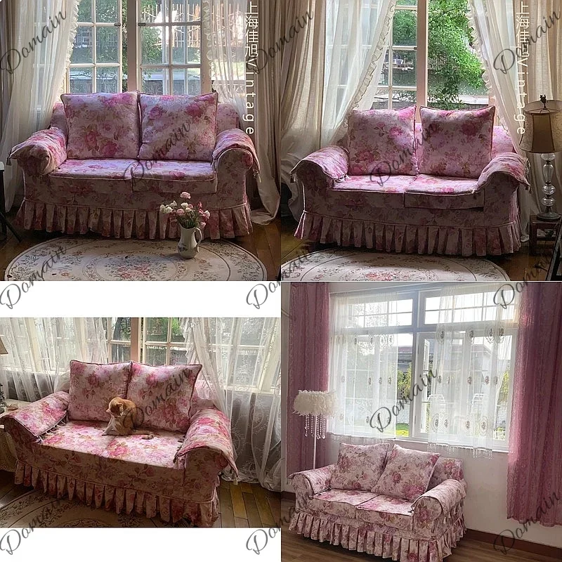80 N French  Retro Floral Printed Double Sofa with Ruffled Skirt, Removable Washable Cover
