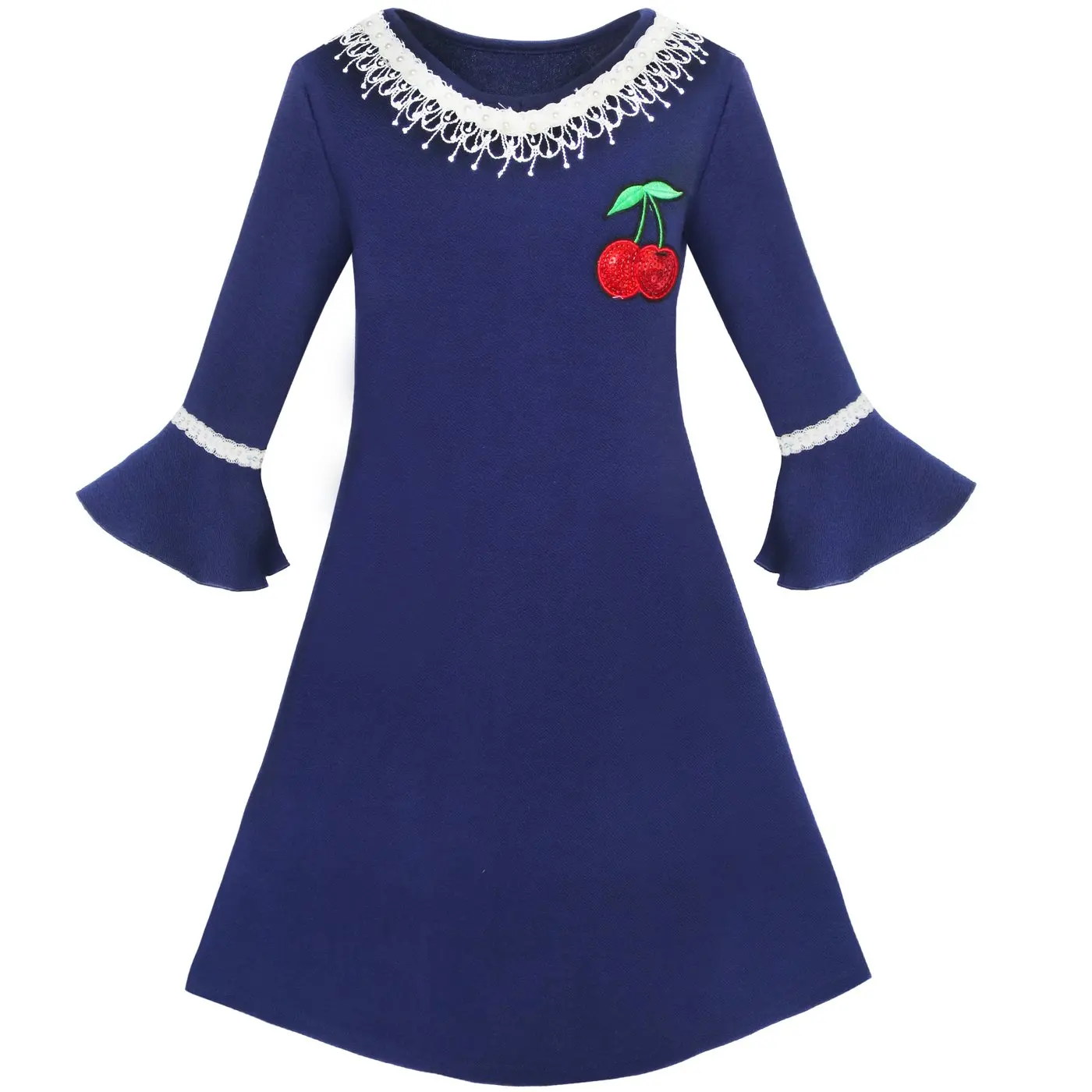 Girls Dress Lotus Leaf Sleeve Cherry Embroidery Everyday