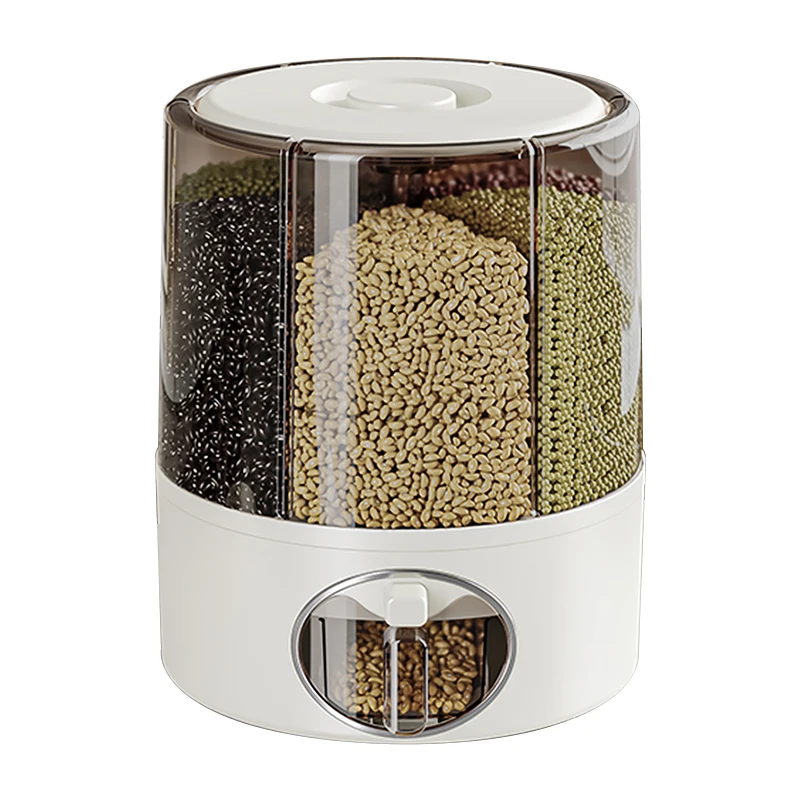 Wholesale 6 grid plastic kitchen grain dispenser 360 rotating rice bucket grain dispenser rice bucket with storage box