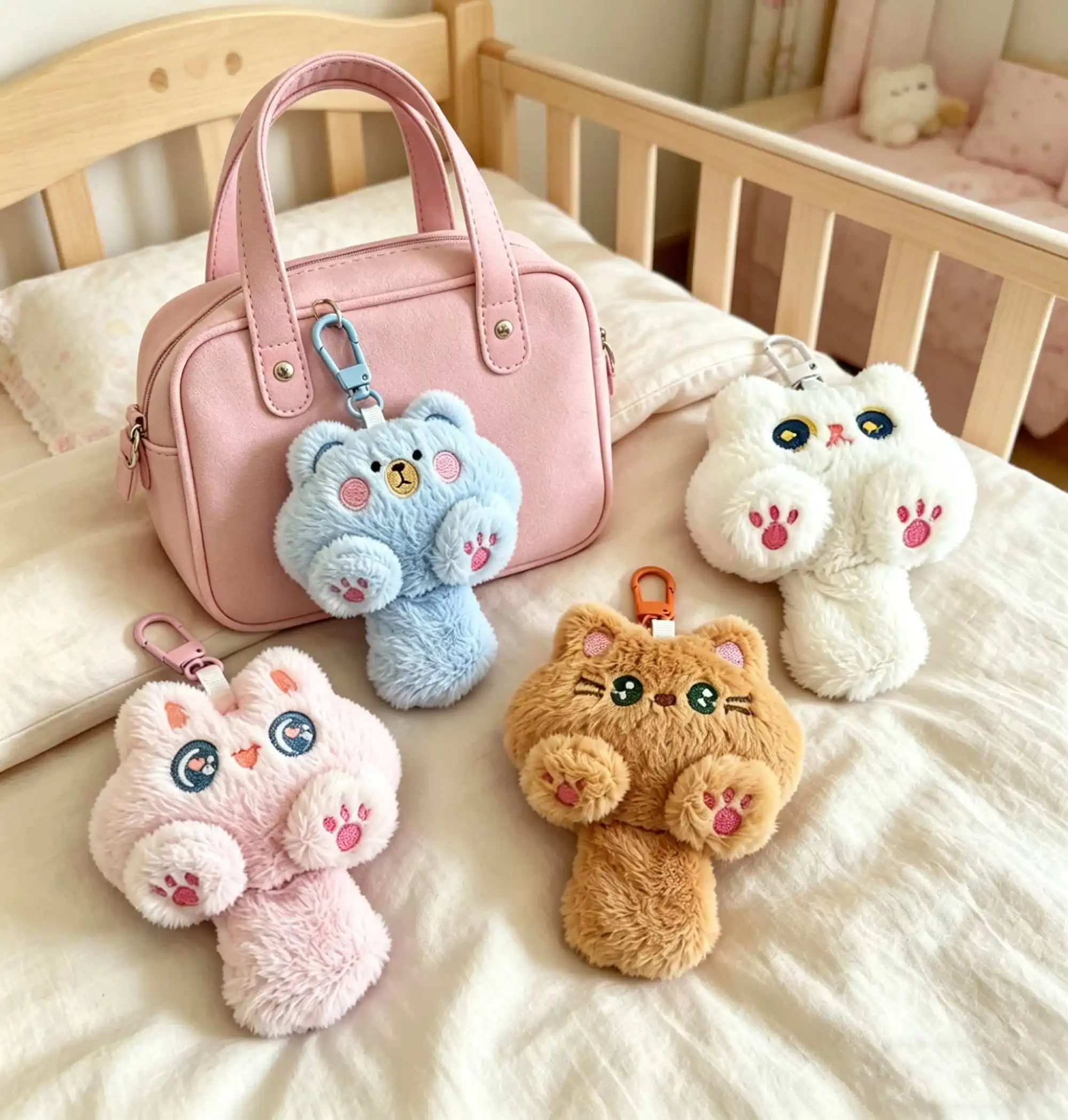 Kawaii Fluffy Cat Bear Plush Keychain Cute Stuffed Animal Bag Charm Soft Cartoon Pendant Backpack Decor Teen Girls Birthday Gift
