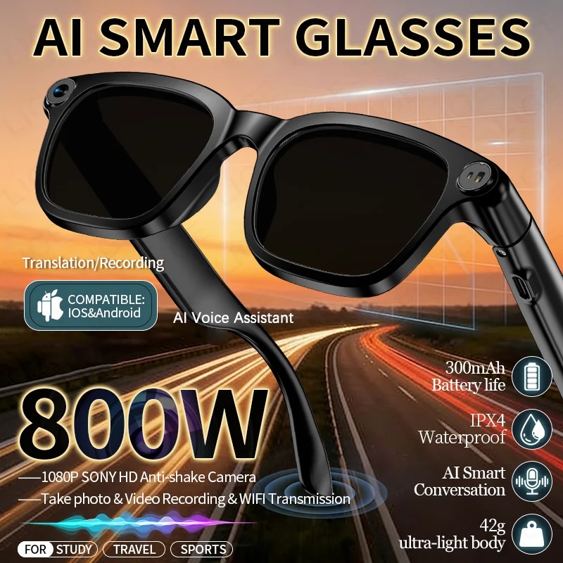 

LIGE 8MP Camera Smart Glasses HD Photo Video Record Translation Photochromic Lenses Bluetooth Call Music Voice Assistant Glasses