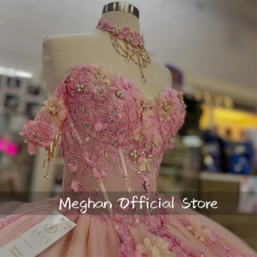 Vestido de quinceañera rosa con lazo y hombros descubiertos, traje de baile con apliques de cuentas, vestido de lujo de cumpleaños, vestido de princesa de flores 3D personalizado, 2025