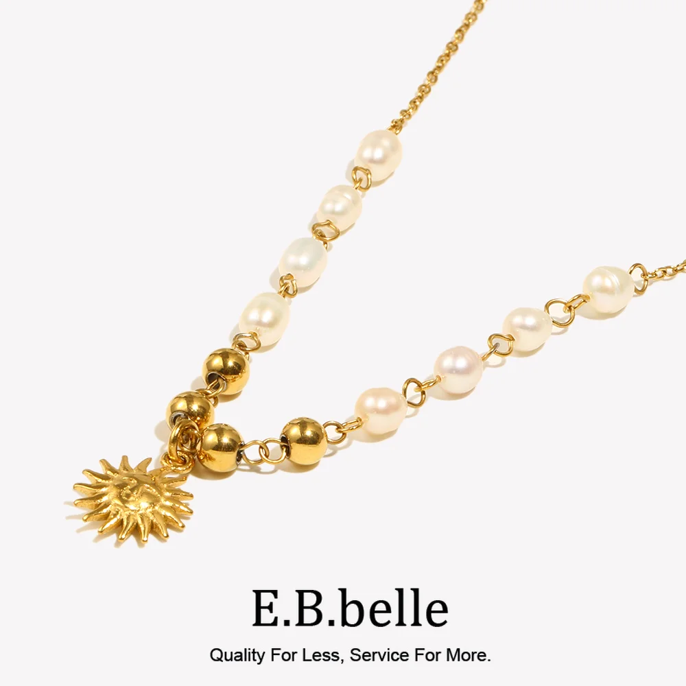 E.B.belle Freshwater Pearl Gold Color Beads Chain Stainless Steel Necklace Optimistic Sun Pendant Necklace For Woman Gift