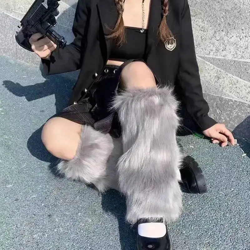 Damskie buty ze sztucznego futra na nogawkach rozmyte buty Punk Jk pończocha Lolita okładka Harajuku rozgrzewająca Dionysia Y2K Goth Knee Hiphop Hotgirl