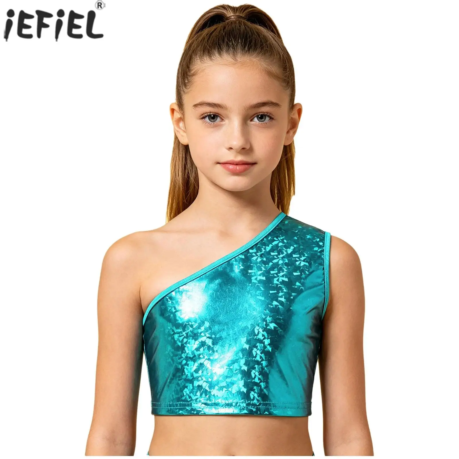 Haut court de danse jazz métallique pour filles, à une épaule, sans manches, gilet brillant, costume de performance hip-hop, streetwear, cheerleading