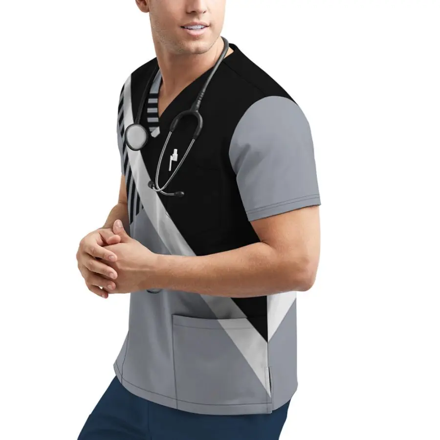 Ropa de trabajo avanzada de verano para cuidadores masculinos, mangas cortas para múltiples ocasiones y atuendo profesional versátil.
