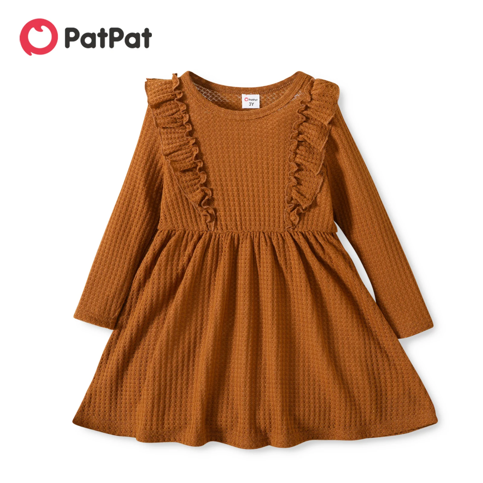 PatPat Toddler Girl Dresses Kids Dresses for Girls Solid Ruffle Decor Long-sleeve Ginger or Brown Dress Toddler Girl Clothes