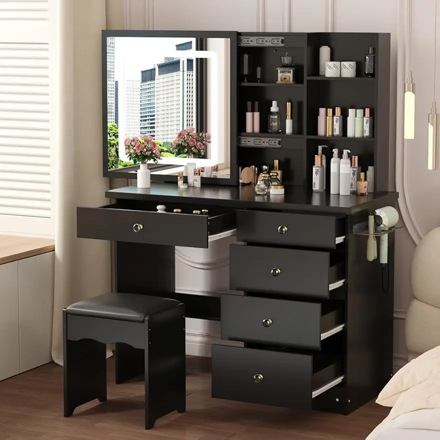 

Vanity Desk Set Makeup Table with Large Sliding Lighted Mirror, Dressing Table with 5 Drawers, Storage Shelves & Cushioned Stool