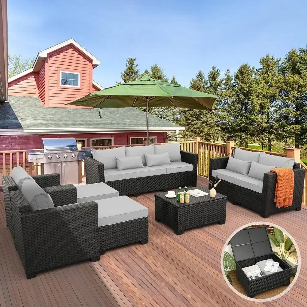 Patio urniture Sets 7 Pieces Outdoor urniture Sectional Patio Couches Set with Storage Table Light Grey Cushions