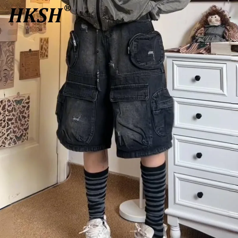 

HKSH Summer New Women Tide Chic Streetwear Vintage Oversized Washed Multi-pocket Denim Shorts High Waisted Wide Leg Pants HK5805