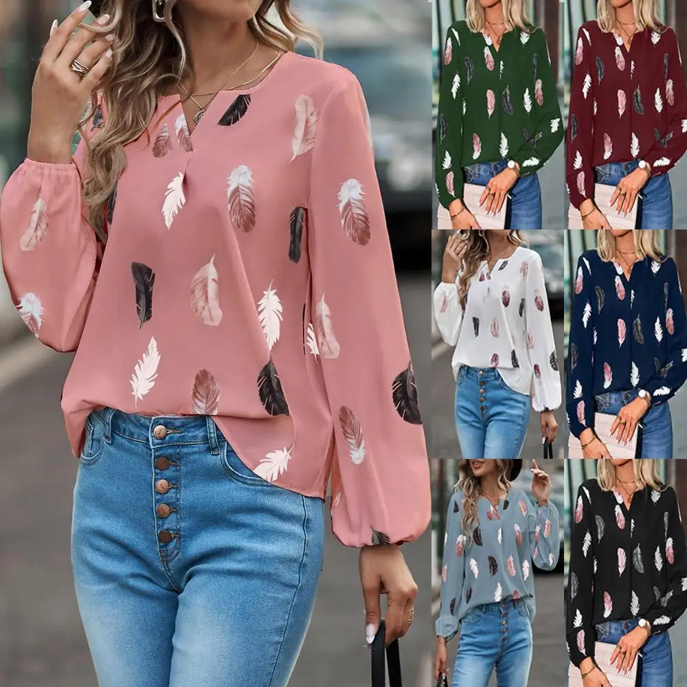 

Women's Feather Print Long Sve irt Collar Top Polyester Fabric Regular Sve Length Spring 2023 No Brand Iron-Free