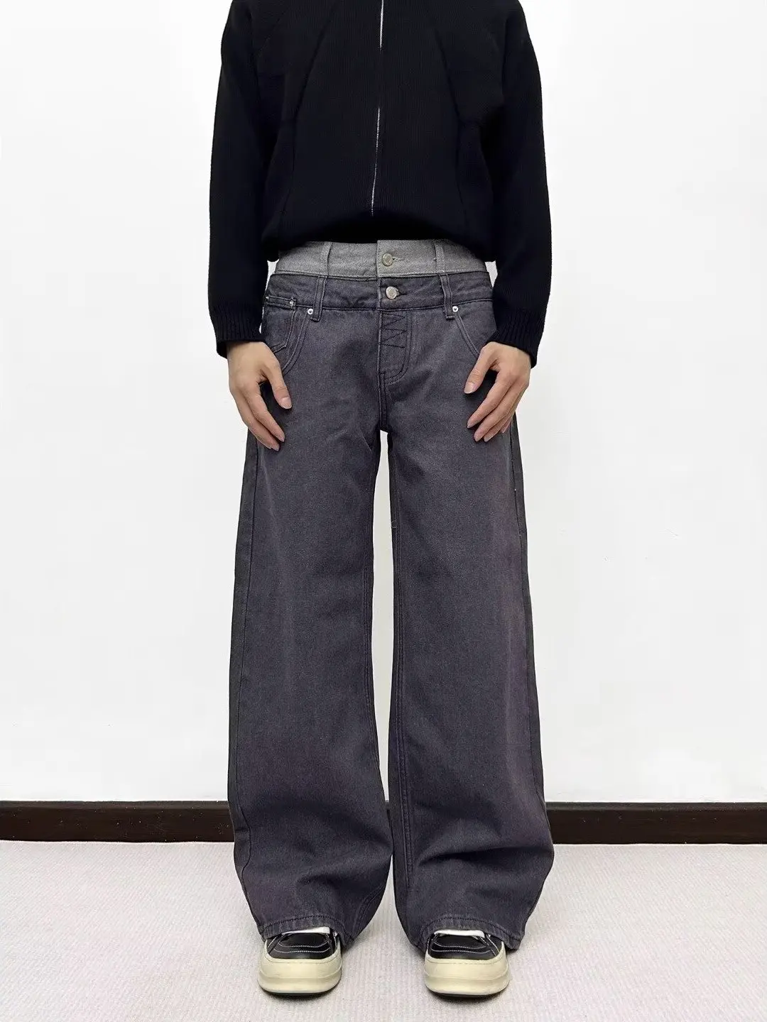 

Retro American Spliced Double Waist Head Waed Jeans High Waist Straight Leg Casual Wide Leg Bla ey Long Pants for Men A...