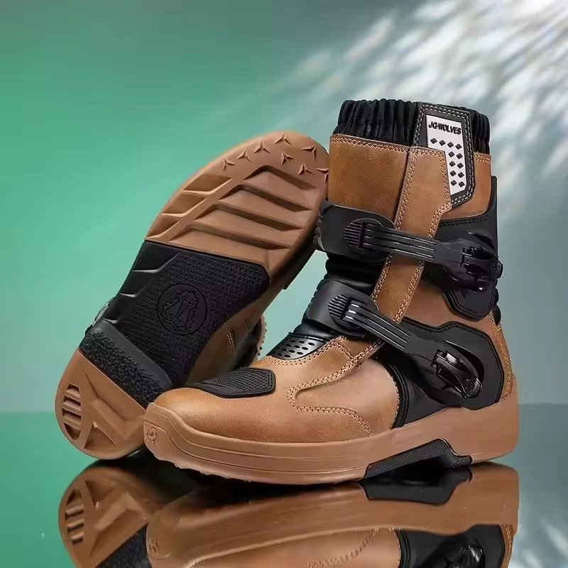 JG.WOLVES Men Riding Shoes Motorcycle Boots Waterproof Leather Motocross Boots Anti Slip Bike Off Road Racing Protective Shoes