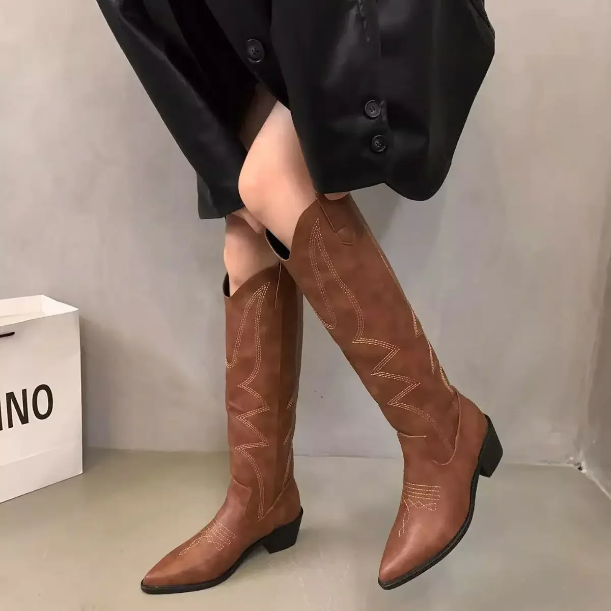 Woman Cowgirl Boots Fashion Slip On Ladies Elegant Square Low Heel Knee High Boots Shoes Women's Winter Footwear