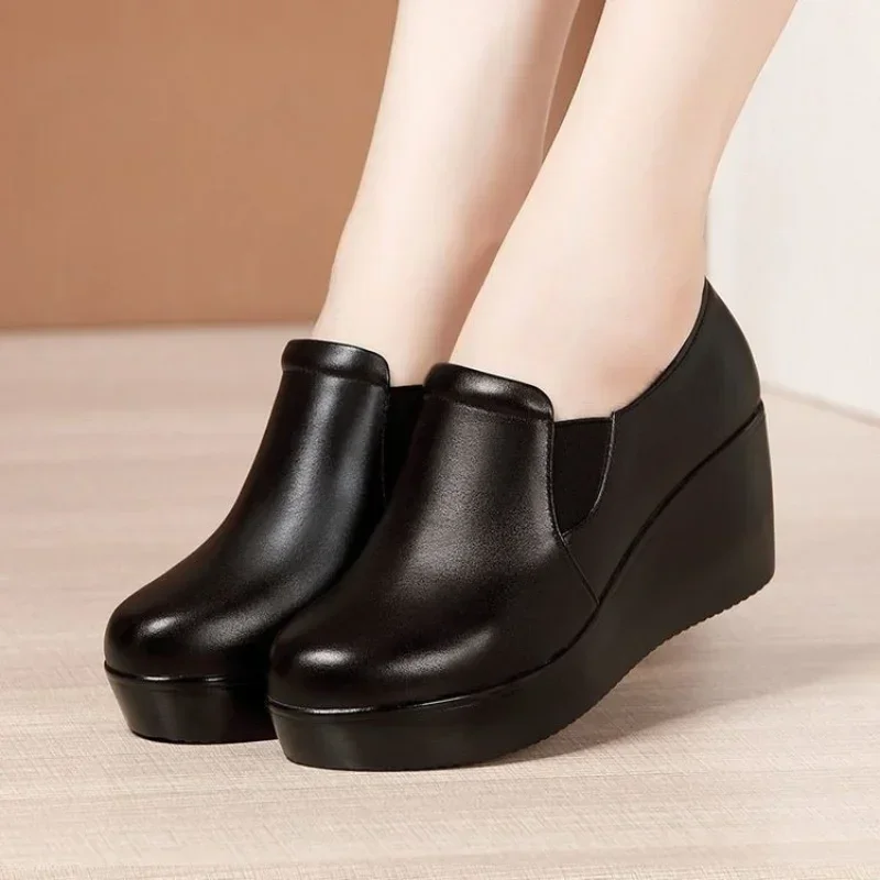 6cm Small Size 32-43 Comfortable Med Heels Platform Wedges Shoes Spring Deep Mouth Soft Leather Loafers Slip on Mom Shoes