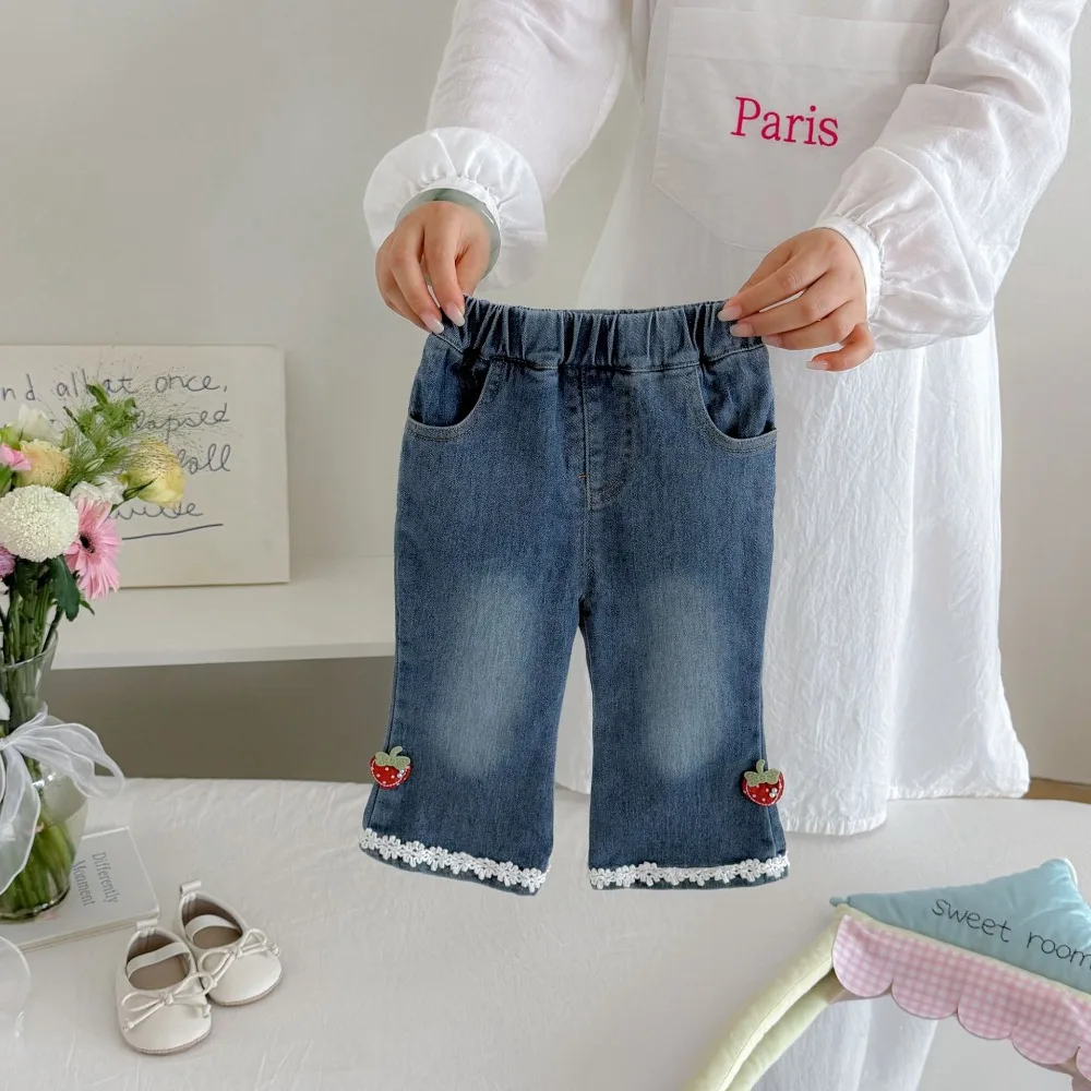 2026 Autumn Baby Girl Denim Pant 0-3Years Newborn Kids Elastic Waist Strawberry Lace Jeans Bell Bottom Outfits Clothes