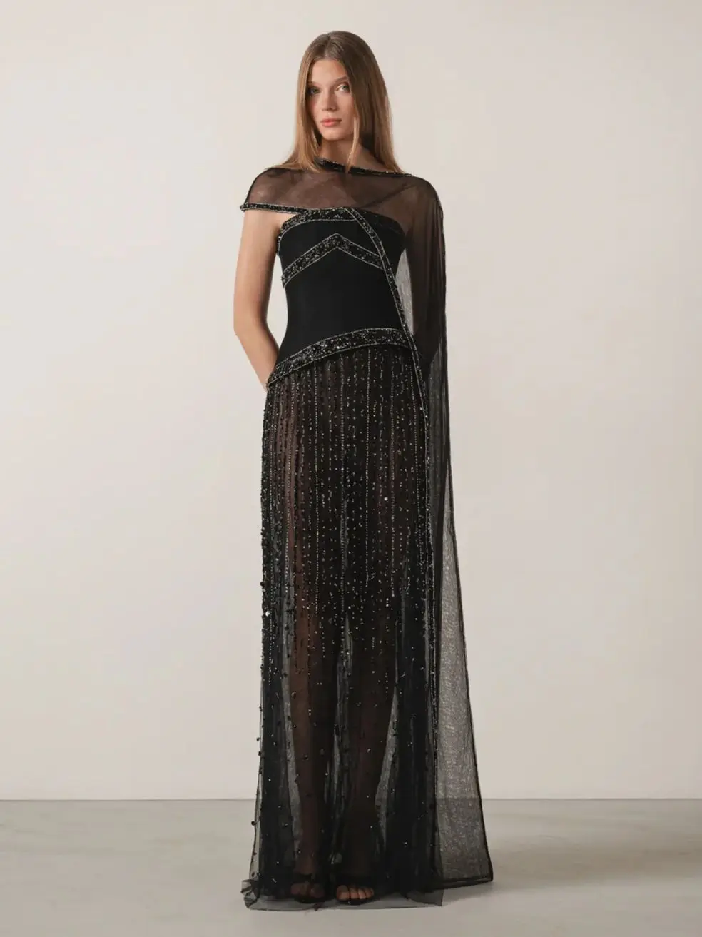 

Ofherown New Black Luxury Beaded Evening Dress Women Strapless Tulle Cape Prom Gown Elegant Party Prom Formal Illusion Dresses