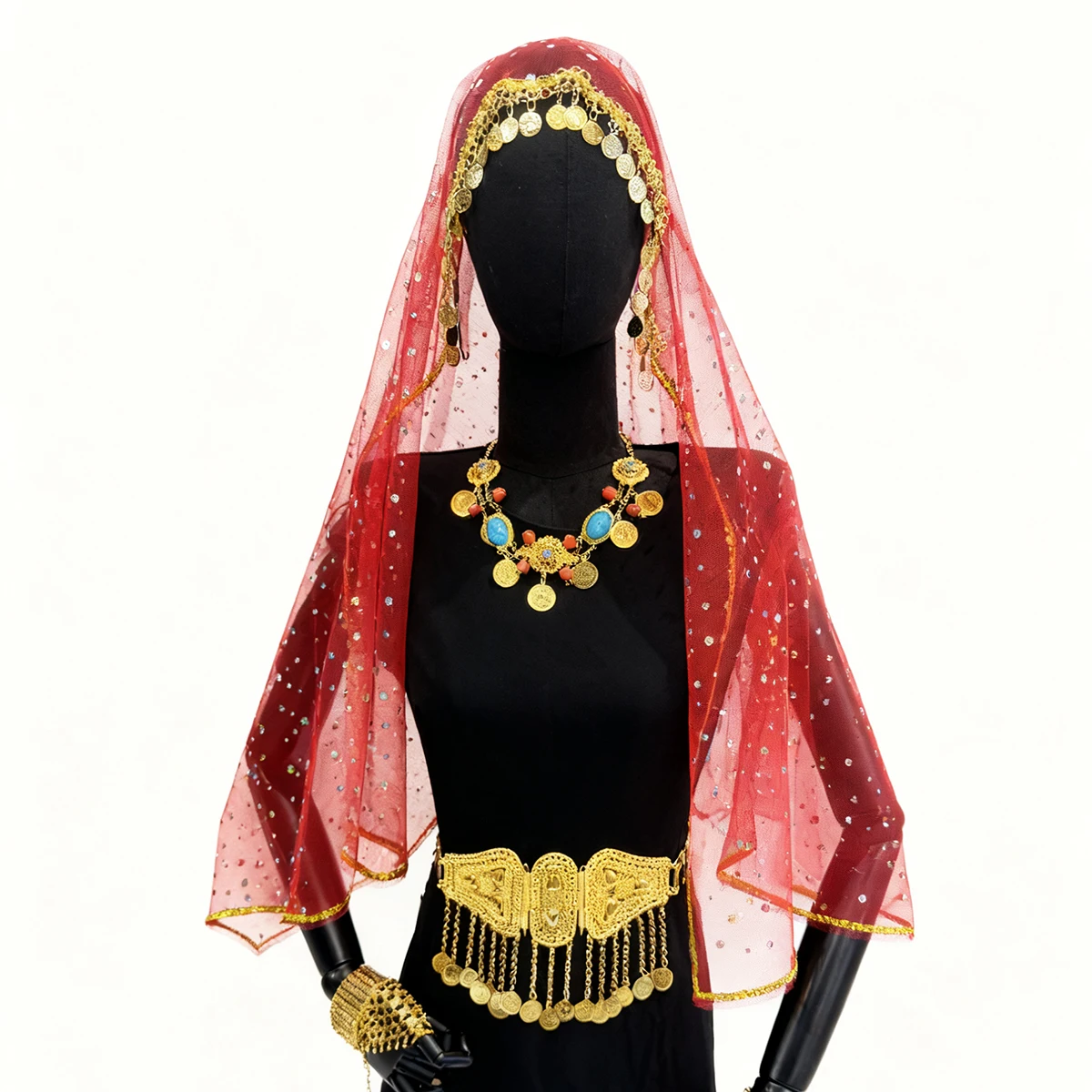 Luxury Middle Eastern Style Bridal Accessory Set With Golden Coin Details Red Veil For Traditional Wedding Elegant Look