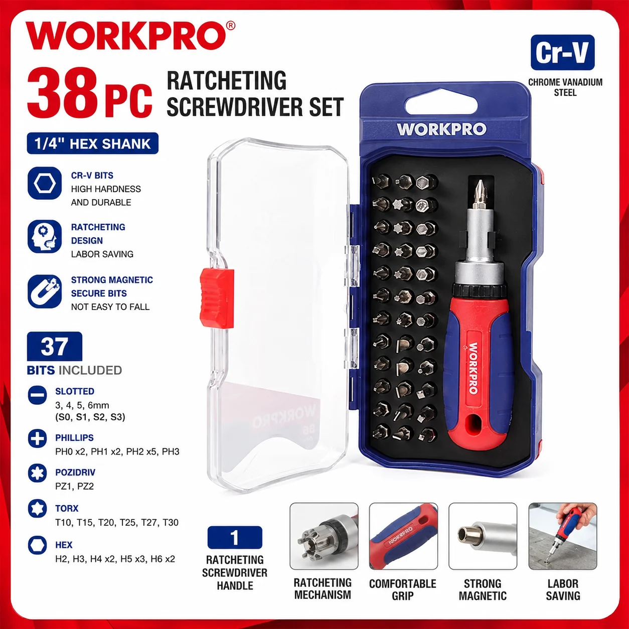 WORKPRO WP200517 38PCS Ratchet Screwdriver Set CR-V Steel Magnetic Bits Hand Tool Kit for Home Mechanic DIY Repair