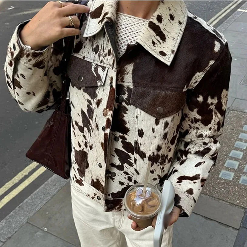 

Women's Fashion Printed Lapel Jacket Casual Short Long Sleeve Patch Pocket Jacket High Street Commuter Autumn Jacket