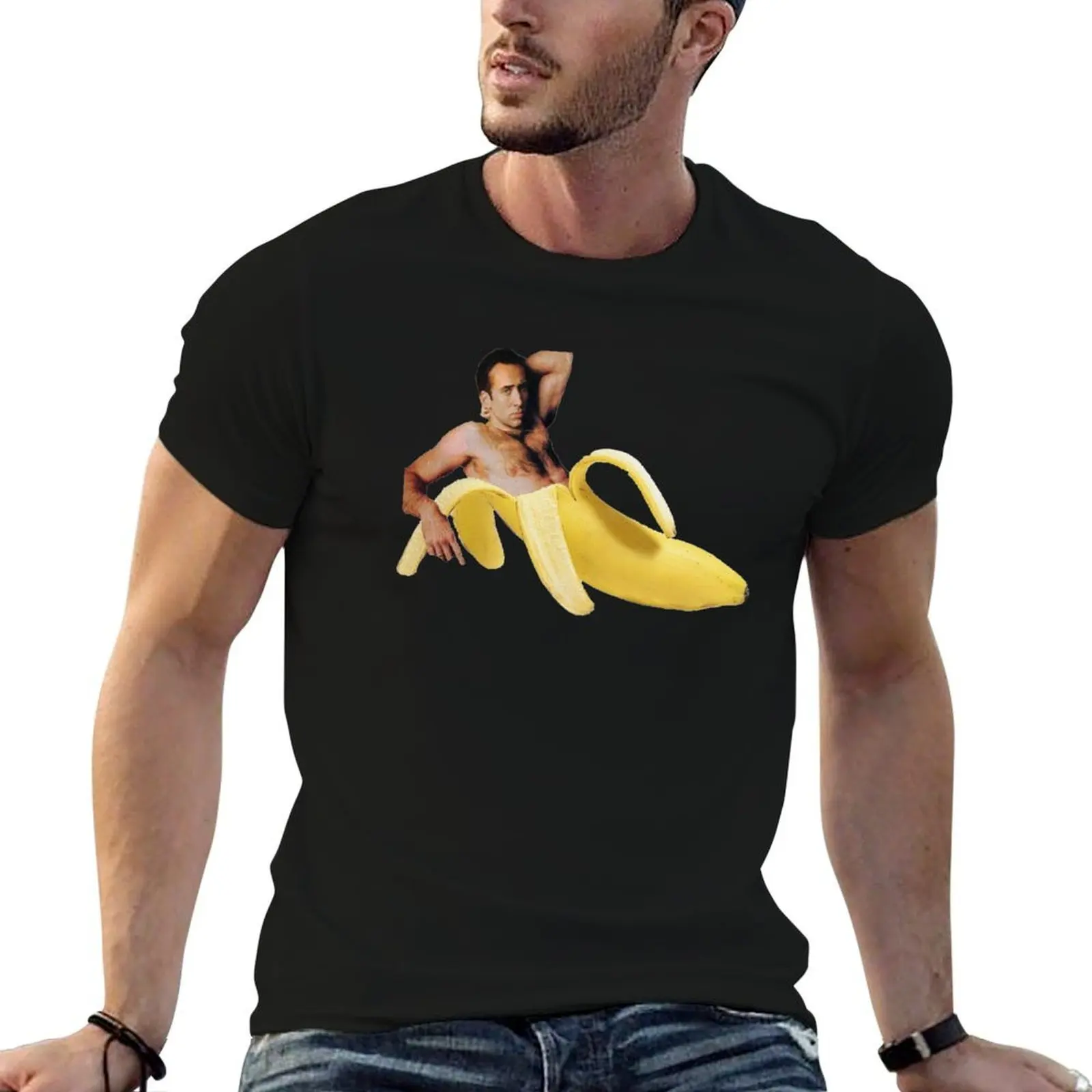 Nicolas Cage Banana Pattern T-Shirt Basic Solid Color Short Sleeve Cotton Top