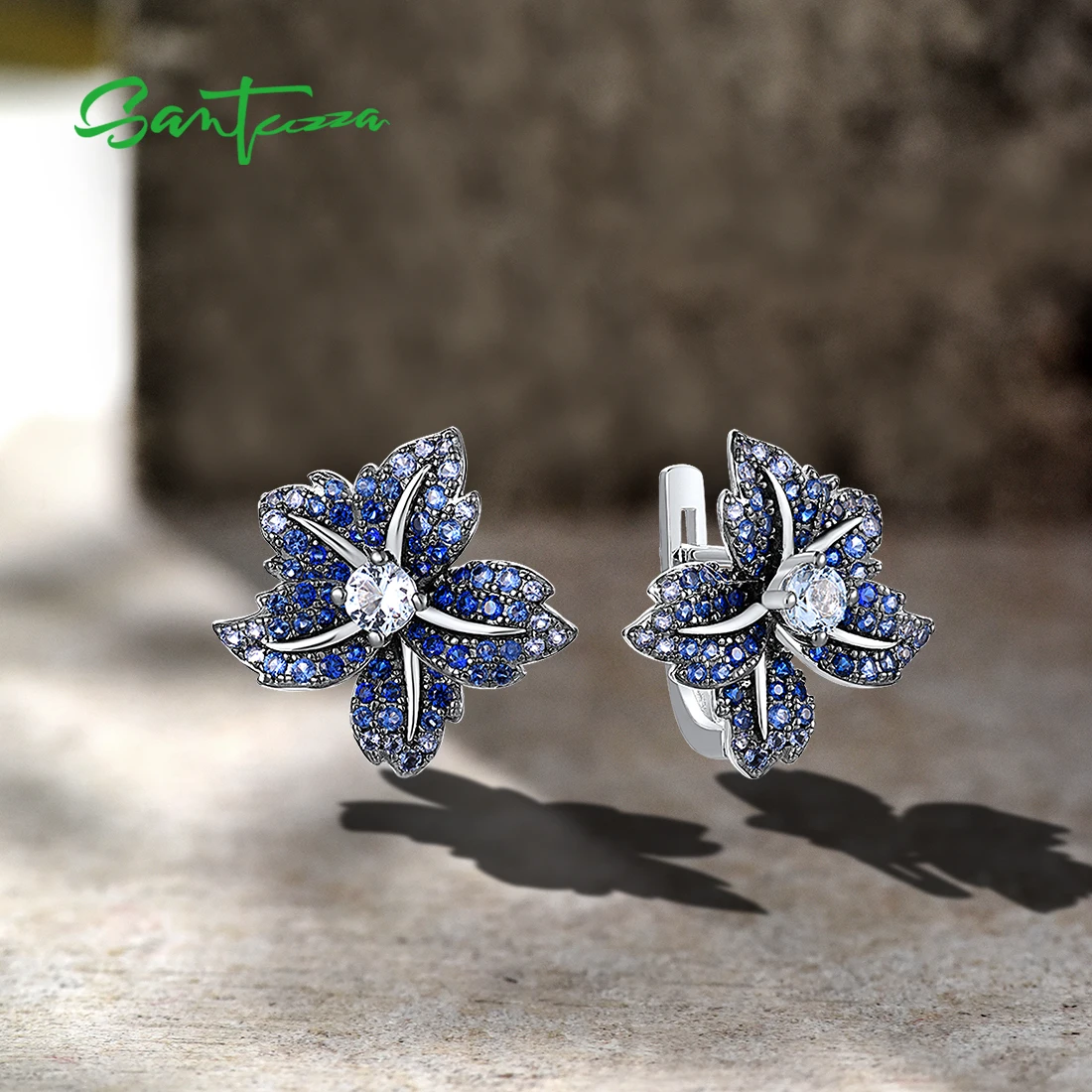 SANTUZZA Pure 925 Sterling Silver Earrings For Women Sparkling Blue Pink Stone Lily Flower Latch Back Luxury Party Fine Jewelry