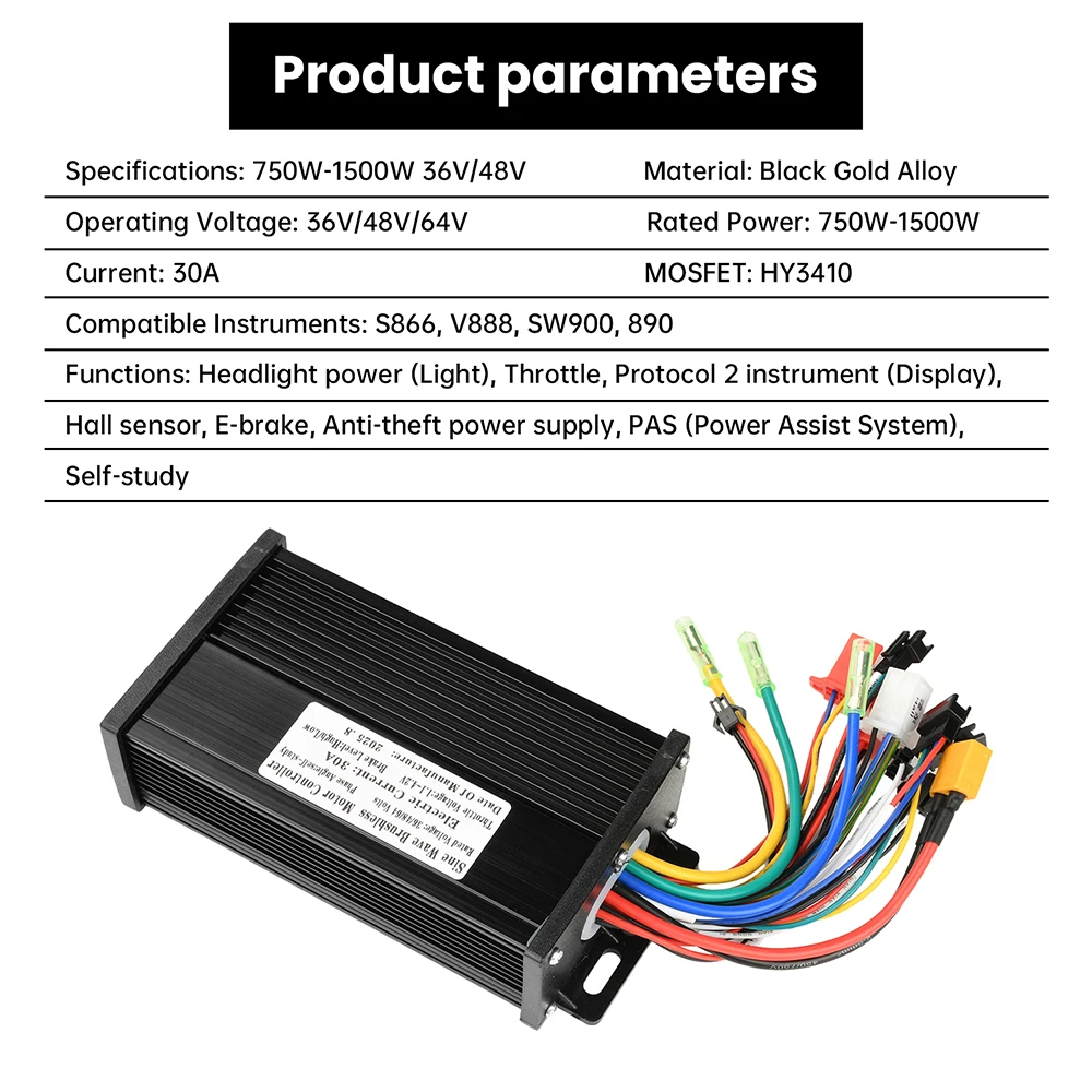 36V 48V 64V 30A Sinuswellen-Bürstenloser Motorcontroller 750-1500W 3-Modus-Treiber SM-Anschluss Instrument Elektrofahrrad S866 – Detail 3