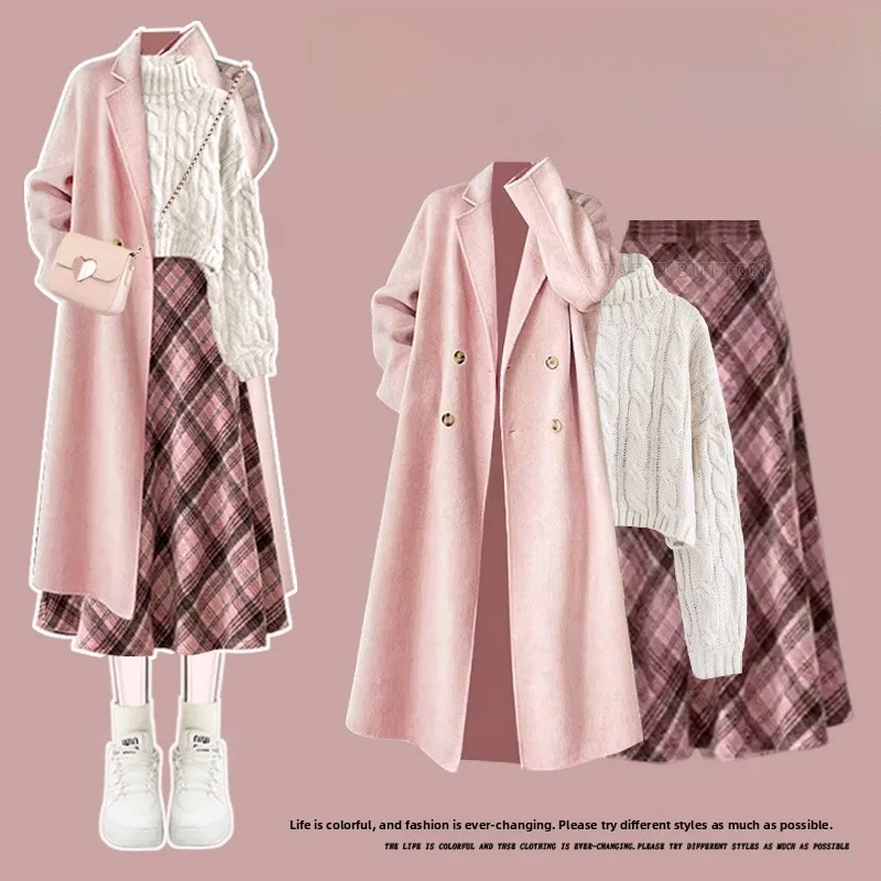 

Large Size Winter Knitted Sweater And Skirt Set High Waist Plaid Skirt Tee Piece Women's Faion Ensemble Korean Sle