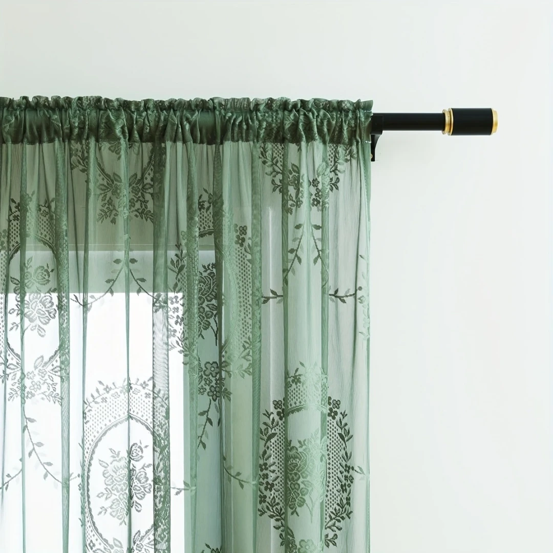 Französischer grüner dreidimensionaler Spitzen-Rüschen-Holzohr-Matcha-grüner Fensterschirm, geeignet für Schlafzimmer, Wohnzimmer, Balkon