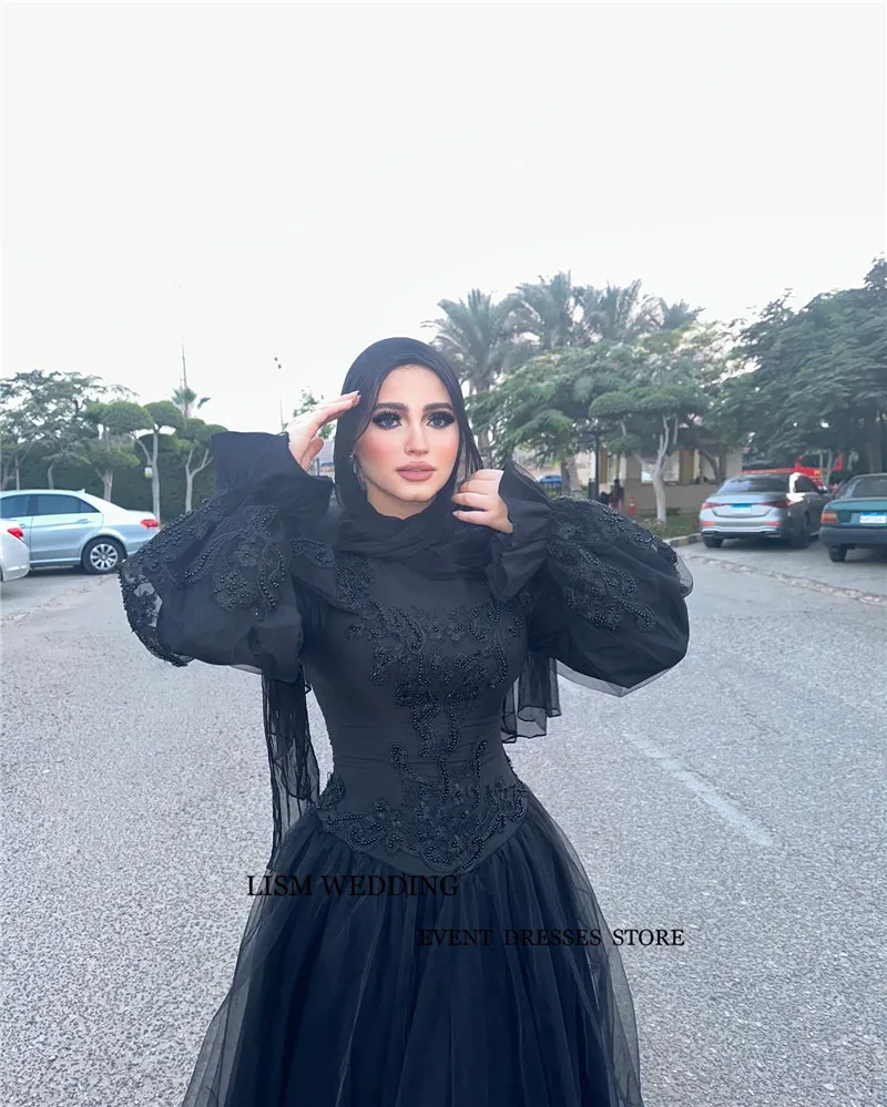 LISM Modest Back Muslim Arabic Women Evening Dresses Long Sleeves Lace Tulle Prom Gowns With Hijab Formal Party Dress Plus Size