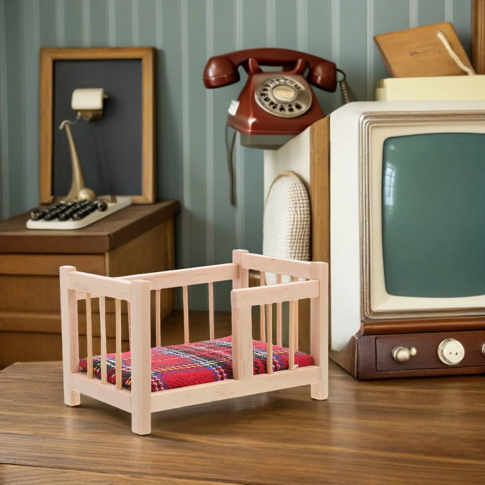 

Miniature Wooden Dollhouse Crib Baby Bed Realistic Craftsmanship Mini Bedding Cradle Room Accessories Pretend Play Decoration