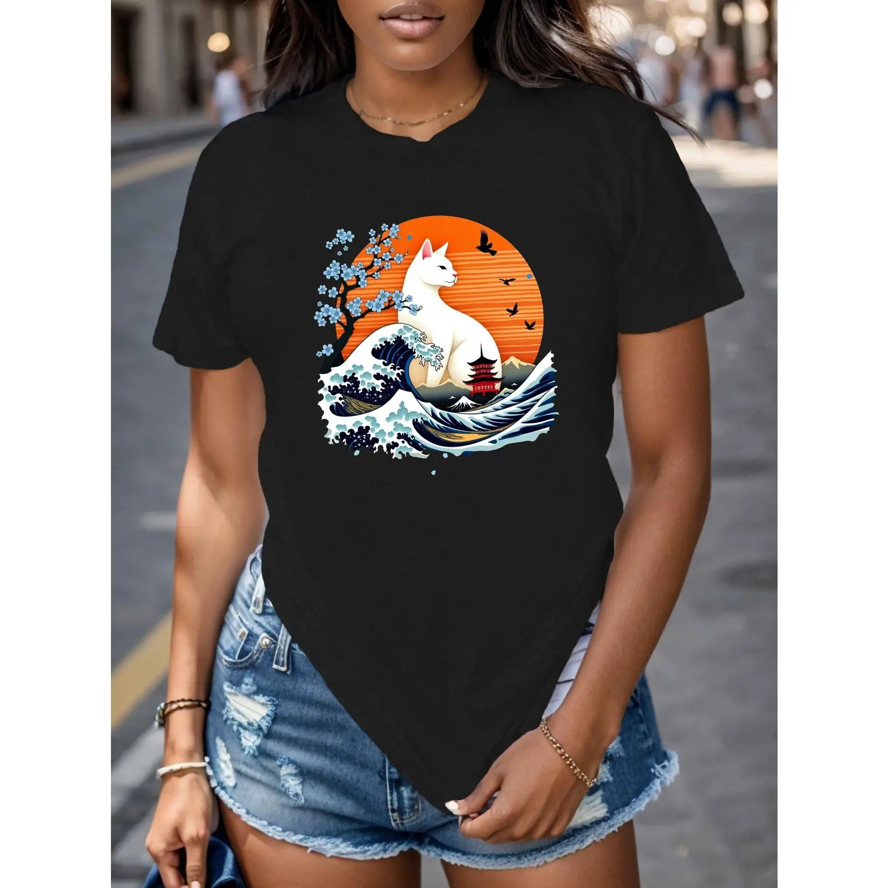 

"Japanese Cat T-Shirt for Women | Ukiyo-e Great Wave Graphic Tee | Kawaii Kitten Art Gift | Japan Style Aesthetic Top"