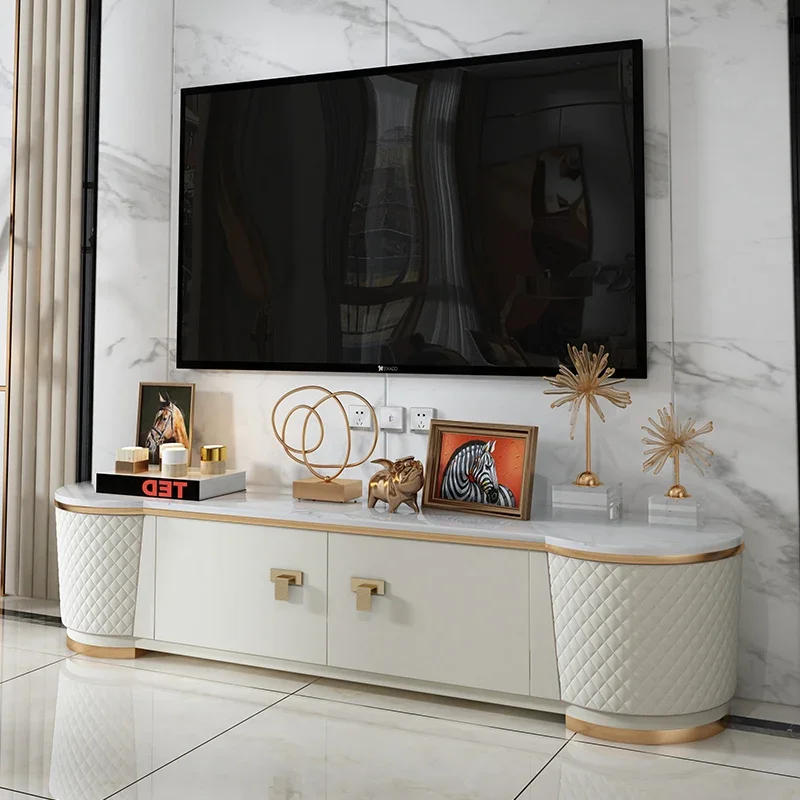 Luxury Modern Living Room Table Set White Grey Leather With Marble Top TV Cabinet TV Stand