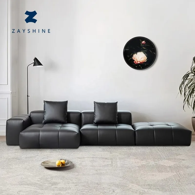 Zayshine Italian Minimalist Luxury Black Genuine Leather 3-seater Living Room Sofa Set Modular Villa Pixel Apartment Floor Sofa