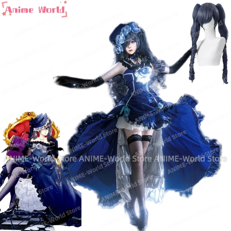 《Custom Size》Anime Cos Ciel Cosplay Costume Blue Robin Delicate Lolita Style Women Party Dress Suit Halloween Costume Wig