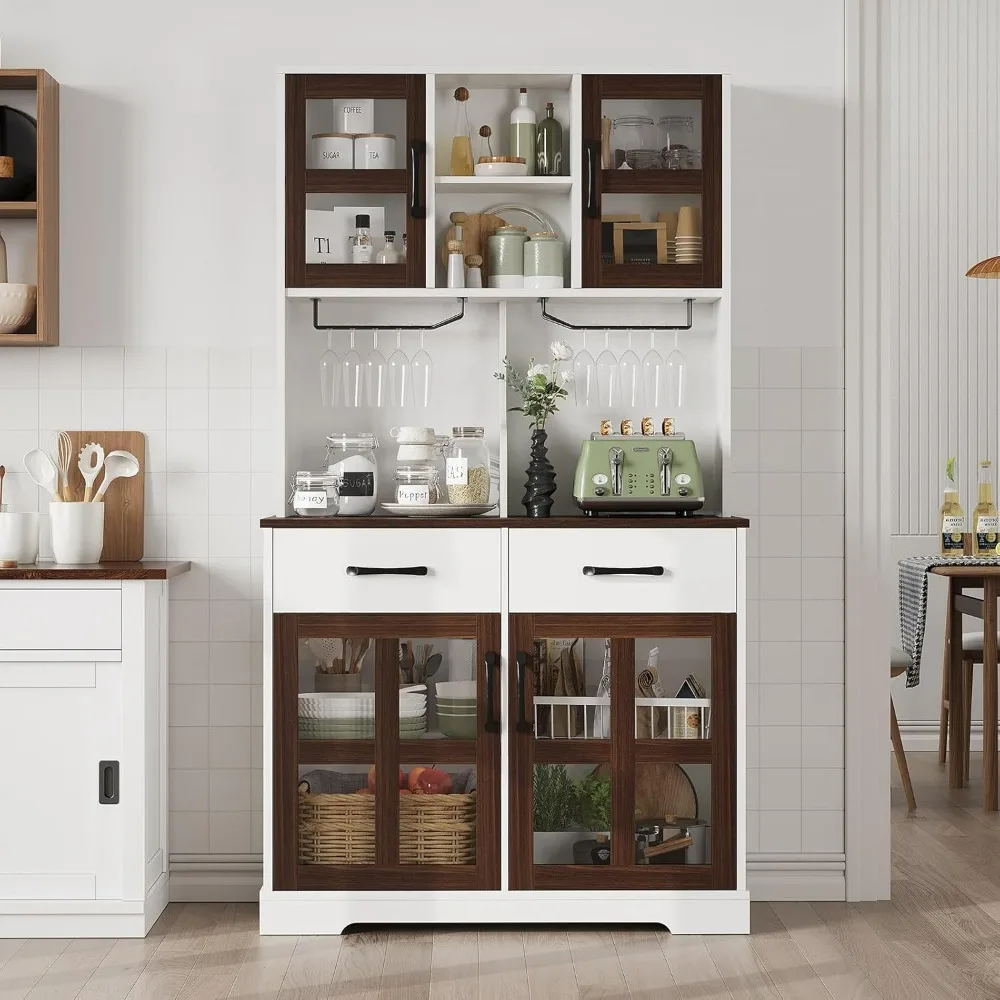 antry Storage Cabinet, Modern Pantry with Power Outlet, Food Pantry Cabinet with Wine Glass Holder, Kitchen Hutch Cabinet