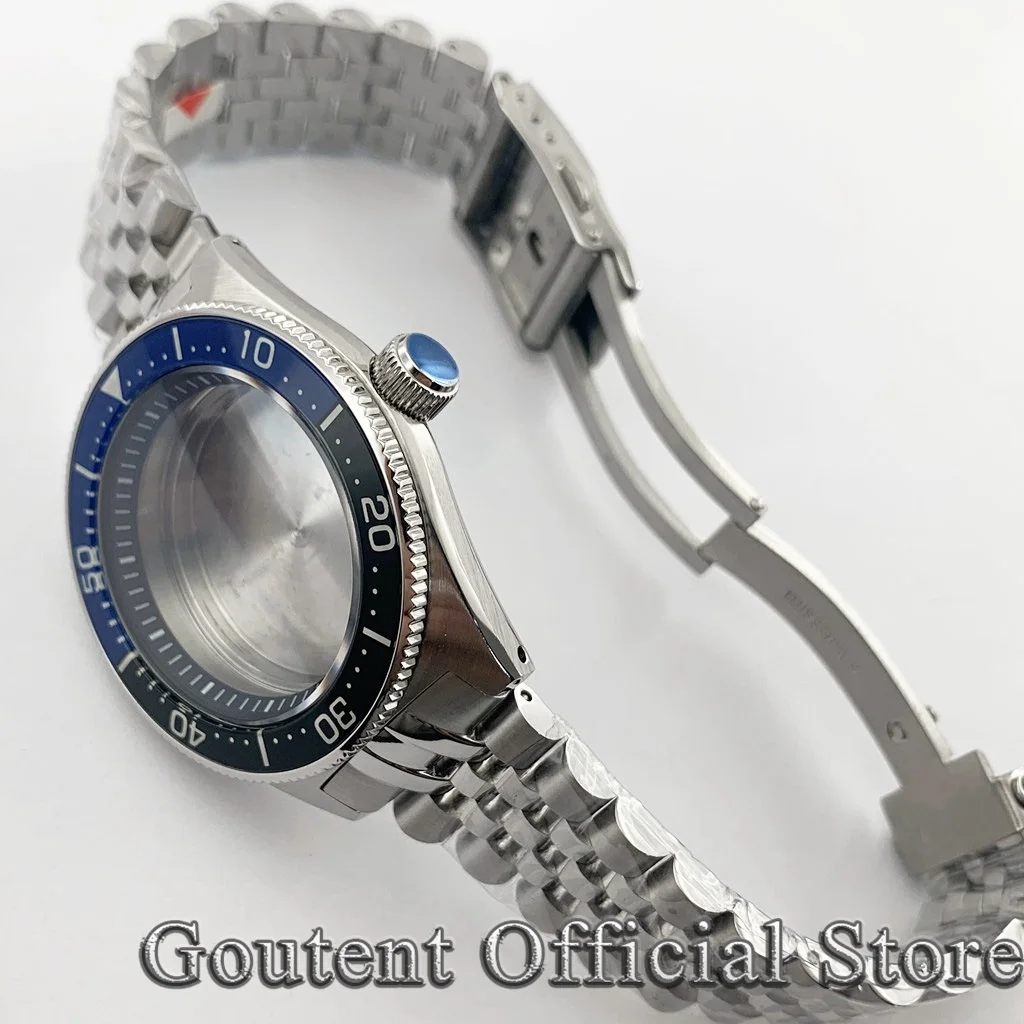 Goutent 43mm Silver Watch Case Strap Domed Sapphire Glass Luminous Ceramic Bezel 200 meters waterproof Fit NH35 NH36 Movement