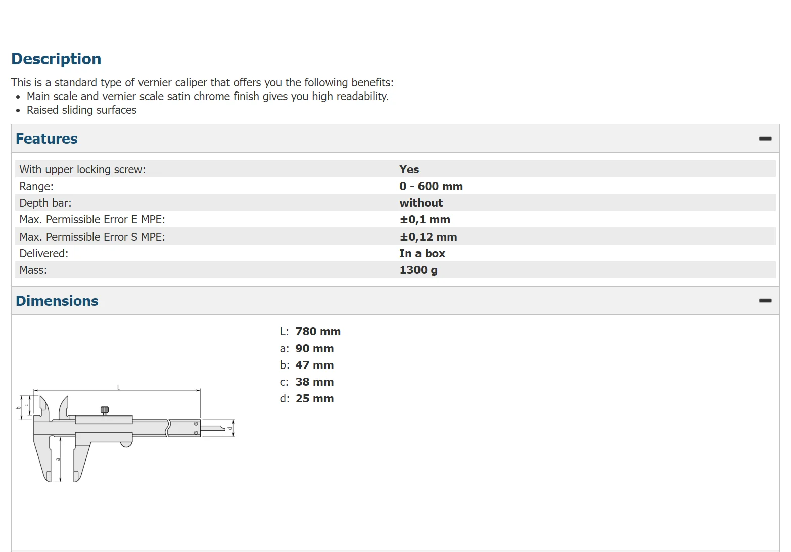 Mitutoyo 530-501 Standard Vernier Calipers, 0 - 600 mm Range , Metric , Graduation : 0.05mm , Accuracy : +/- 0.01mm