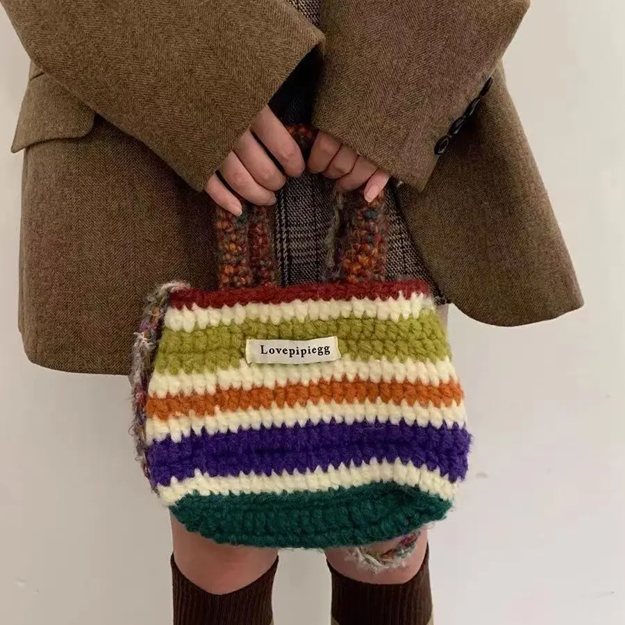 

2024 Hand Woven Bag Women's New Rainbow Wool Tote Bag Crossbody Handbag Lovely Japanese Department Shopping Students