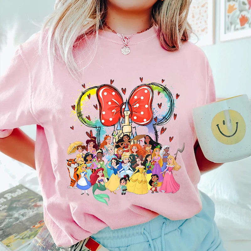 

Женская модная хлопковая футболка с принтом Disney Princess Castle Park, персонализированный топ с короткими рукавами, повседневная одежда