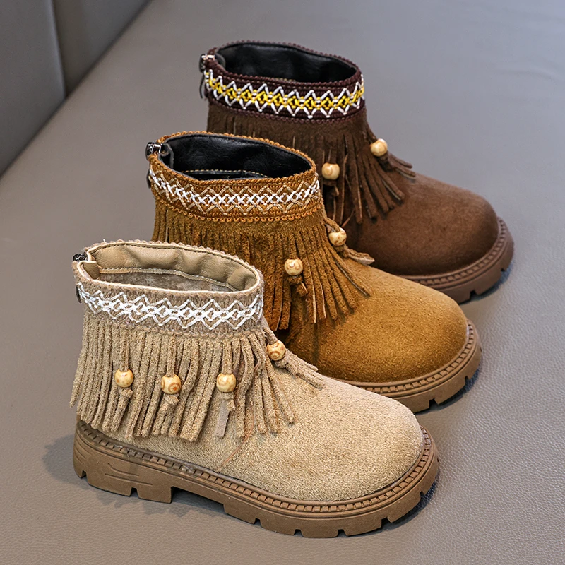 

New Winter Children's Cotton Boots for Girls Fashion Retro Tassel Causal Kids School Platform Boots Zipper Toddlers Ankle Boots
