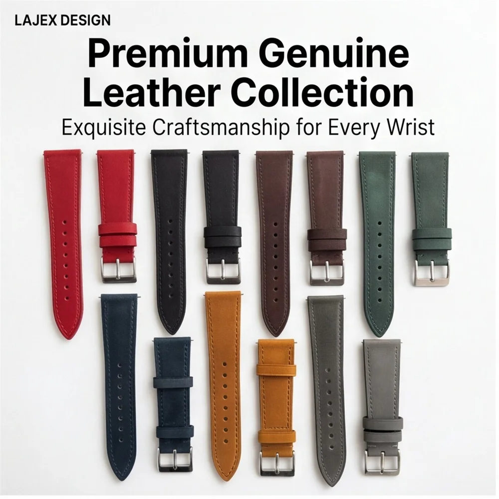 22mm Multiple Colors Available Genuine Leather Watch Strap Quick Replacement Band with Stainless Steel Pin Buckle for Men Watch