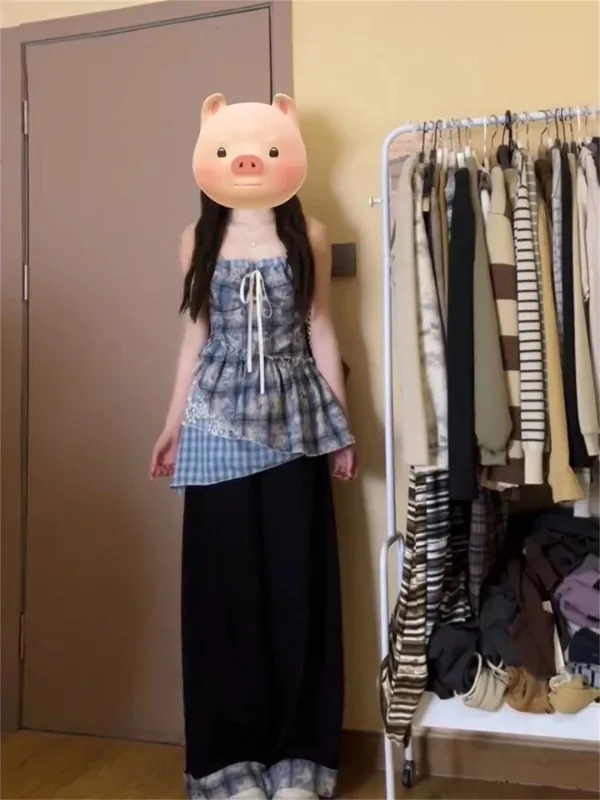 

plus Size Women's Knitted Hollow out Top And Skirt Set Summer Plaid Strap Vest Top And Midi Skirt Two Piece Outfit Korean Style