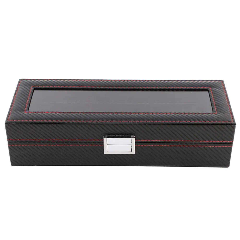 Dustproof Carbon Fiber Watch Box 6 Slots Transparent Window Watch Case Red Line Luxury Watch Storage Collection Use