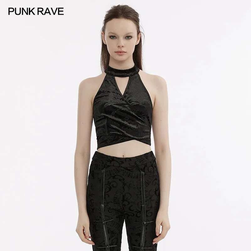 

PUNK RAVE Women's Chinese Style Backless Gothic Velvet Embossed Tank Top V-shaped Hollow Sexy Slim Black Short Tops