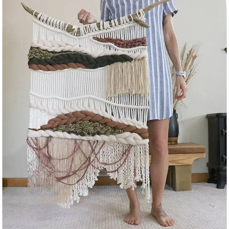 Boho Macrame Wall Hanging, Handmade Bohemian Tapestry with Icelandic Wool, Nordic Moroccan Decor for Home & B&B