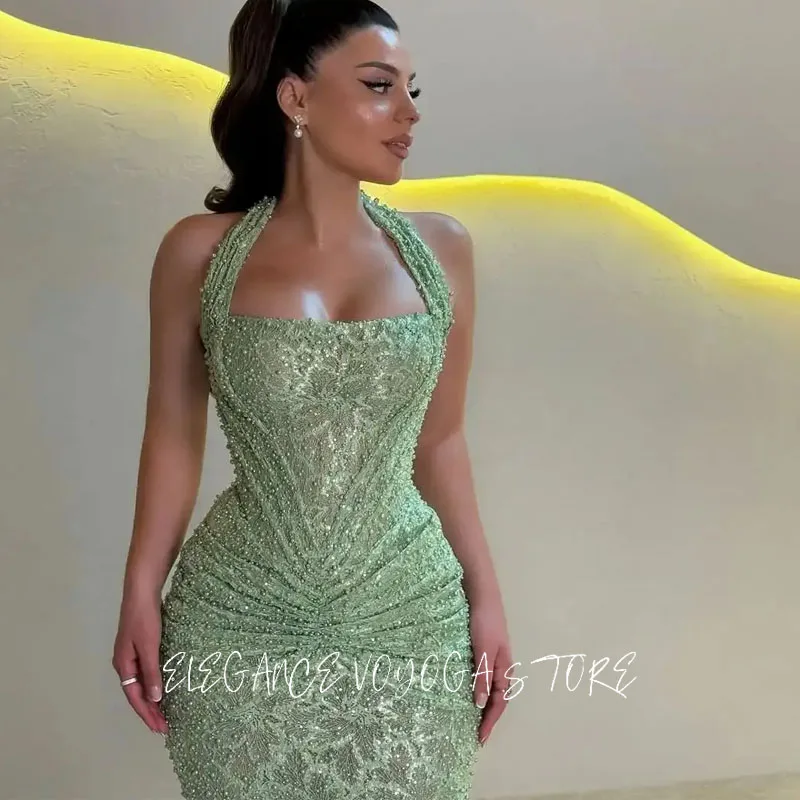 تصميم الأزياء النعناع الأخضر الساحرة الرسن مساء اللباس الفاخرة مثير اللؤلؤ الديكور مع زائدة فستان حورية البحر مذهل